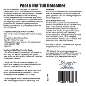 Bluewater Chemgroup pool-defoamer bottle on tile highlights quick foam relief
