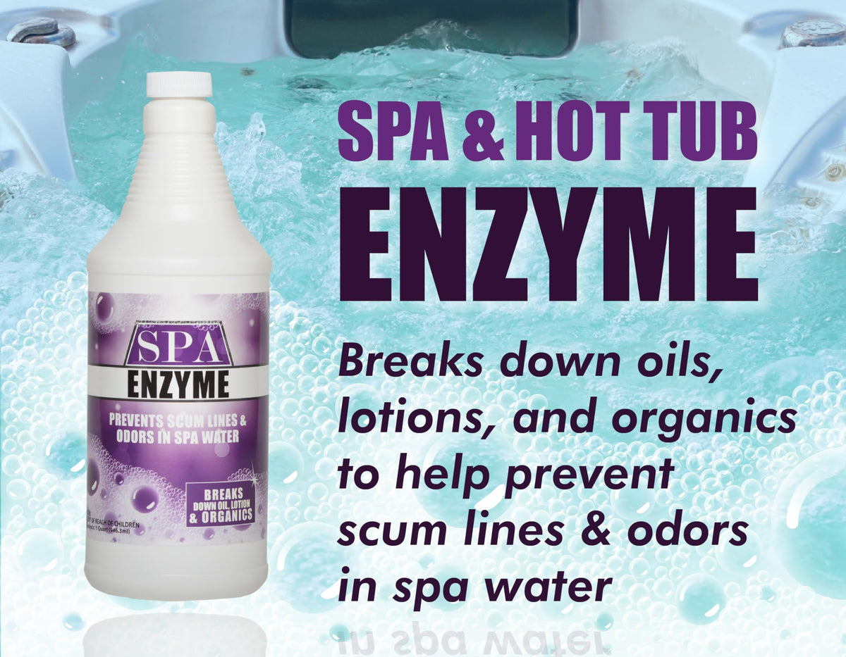 Bluewater Spa Enzymes bottle label close-up highlighting safe formula.