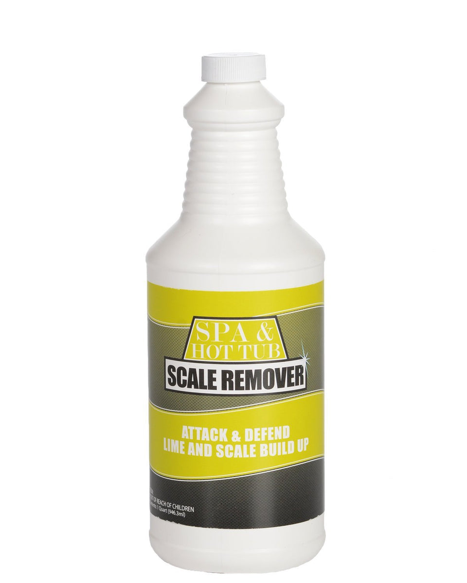Bluewater Spa Scale Remover bottle shown for hard water scale removal.