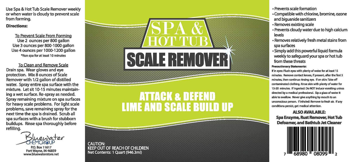 Bluewater Spa Scale Remover quart bottle ready for routine spa maintenance.