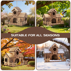 BlueYu birdhouse features dual hooks for flexible hanging from branches.