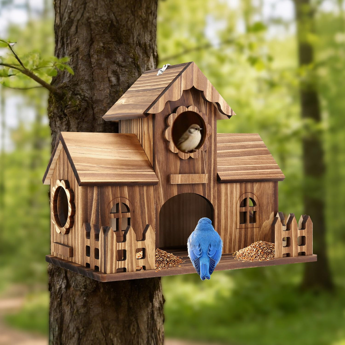 BlueYu birdhouse with a spacious four-hole design inviting small birds to nest.