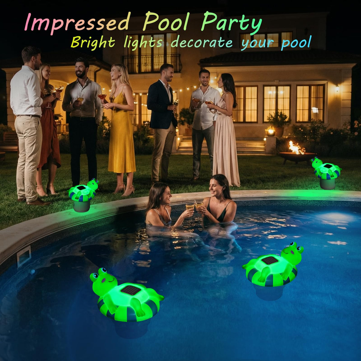 Blufree Frog LED glow lights up the pool at night for ambience.