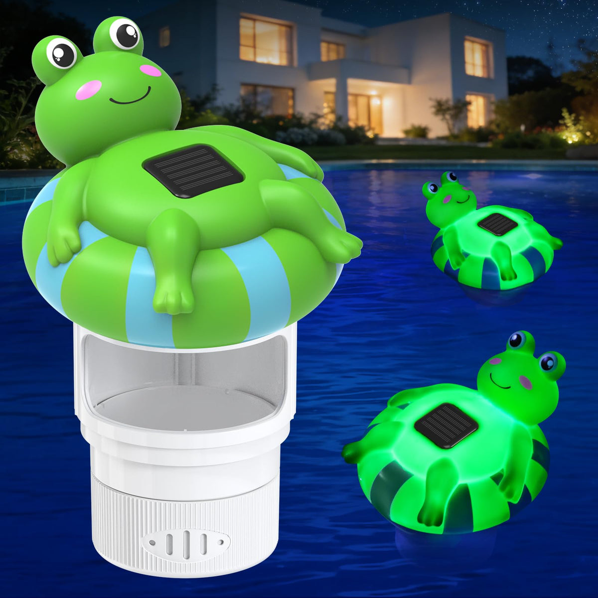Blufree Frog Solar Chlorine Floater floats, evenly distributing tablets for balanced water.