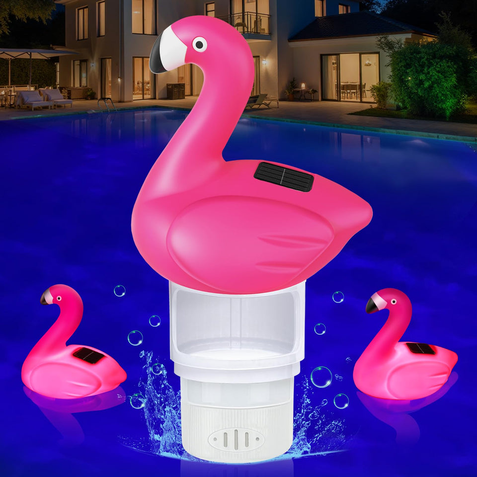 Blufree pool chlorine floater with solar flamingo design for sun-powered chlorine release