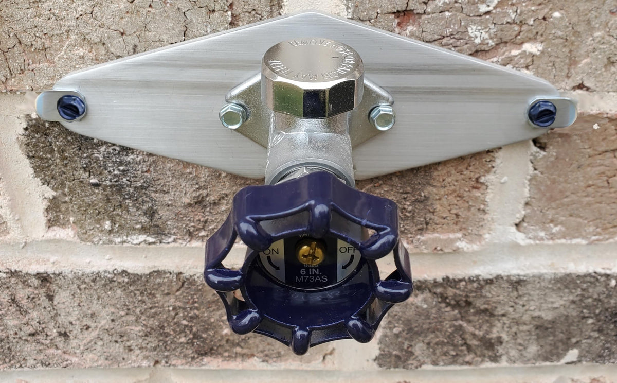 BluMare Hose Bib Buddy securing plate keeps spigot stable and leak-free during use.