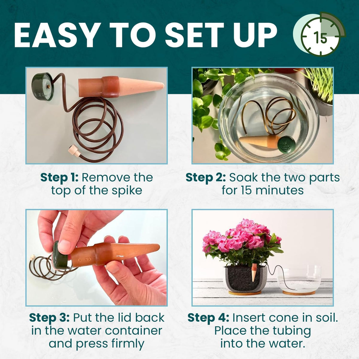 Three stakes bundled together for easy multi-plant hydration.