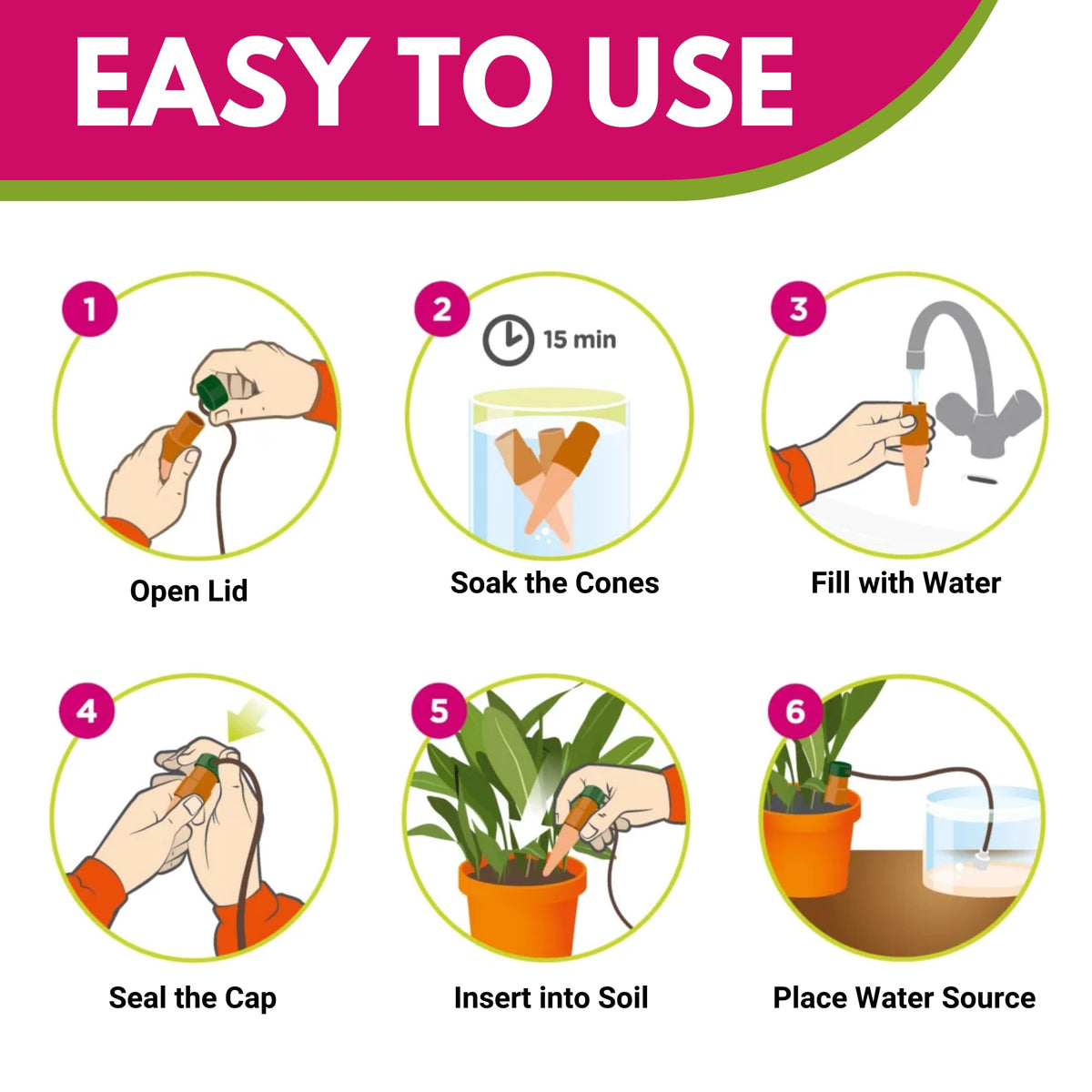 Automatic drip watering delivers consistent hydration for indoor and outdoor pots.