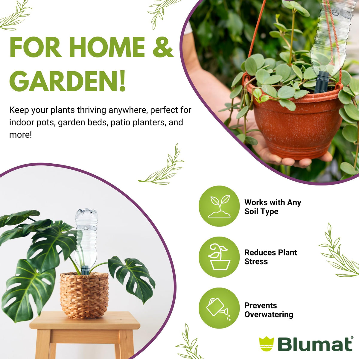 Blumat ceramic spike delivering water at soil level for roots