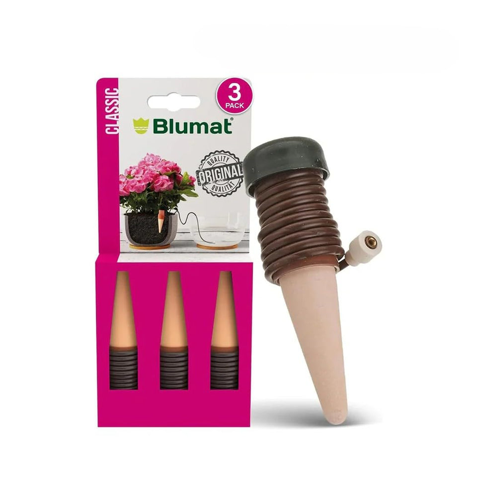 Blumat Classic stake with ceramic cone ensures steady hydration for indoor and outdoor pots.