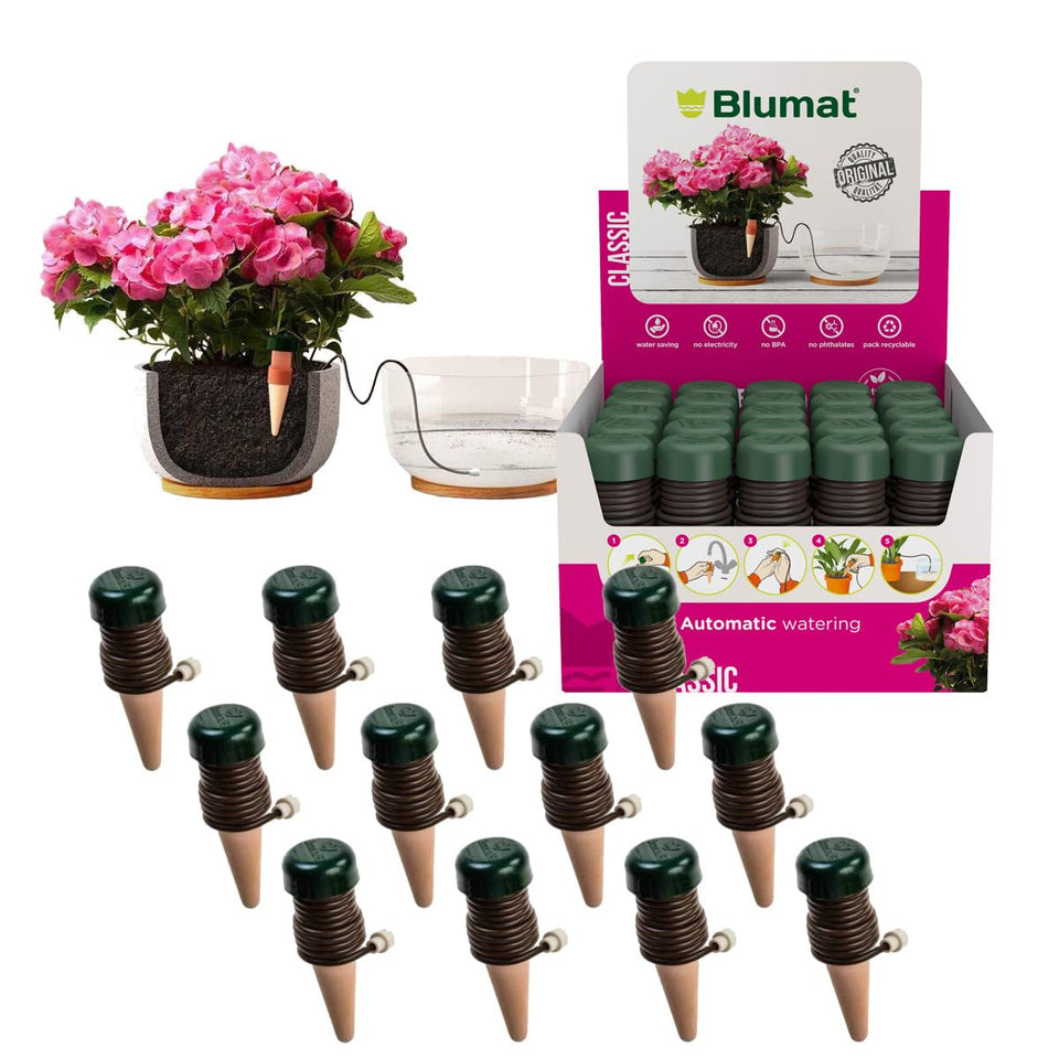 Blumat Classic Stake with ceramic cone delivers steady hydration for plants.