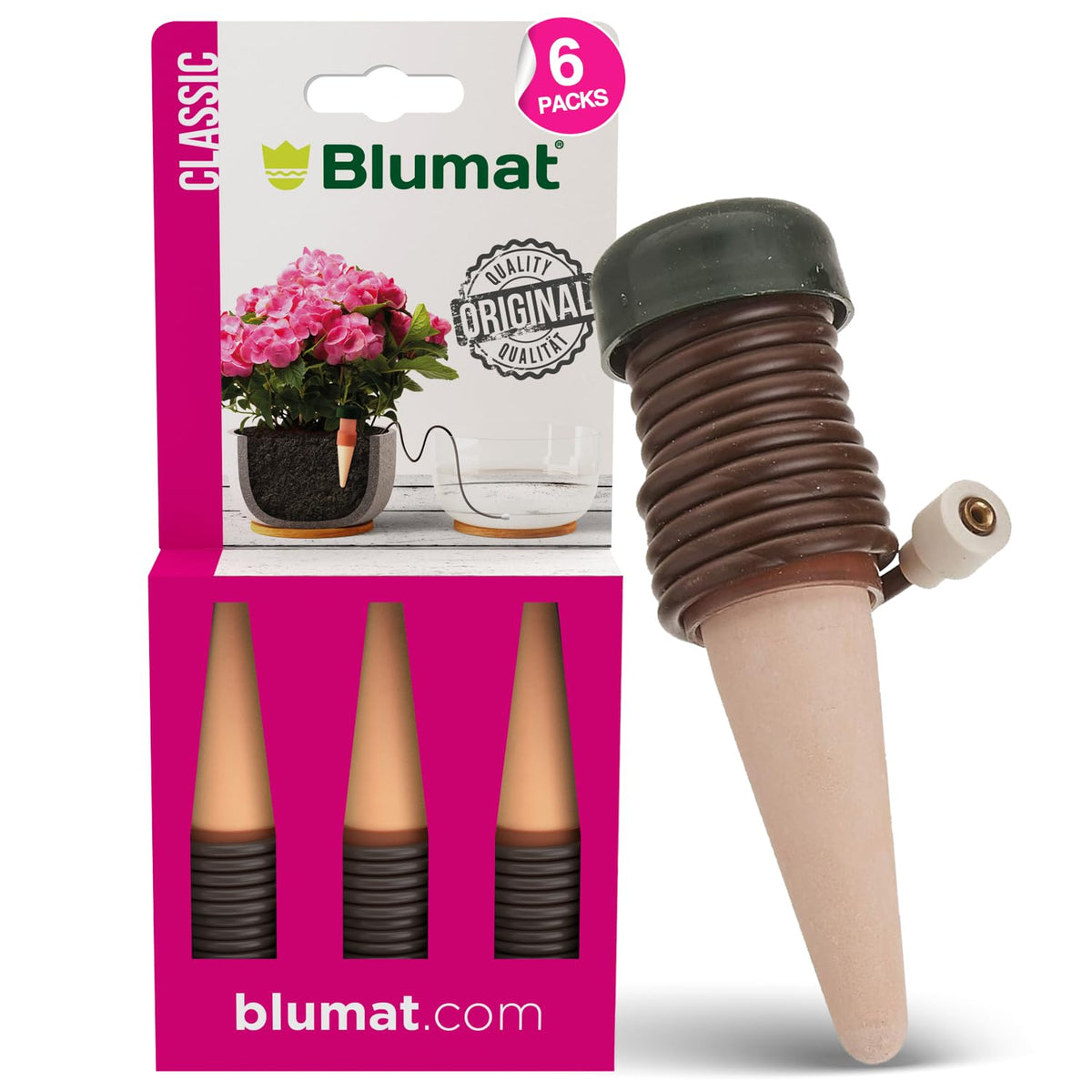 Blumat Classic stake in soil maintaining steady moisture for indoor plants.