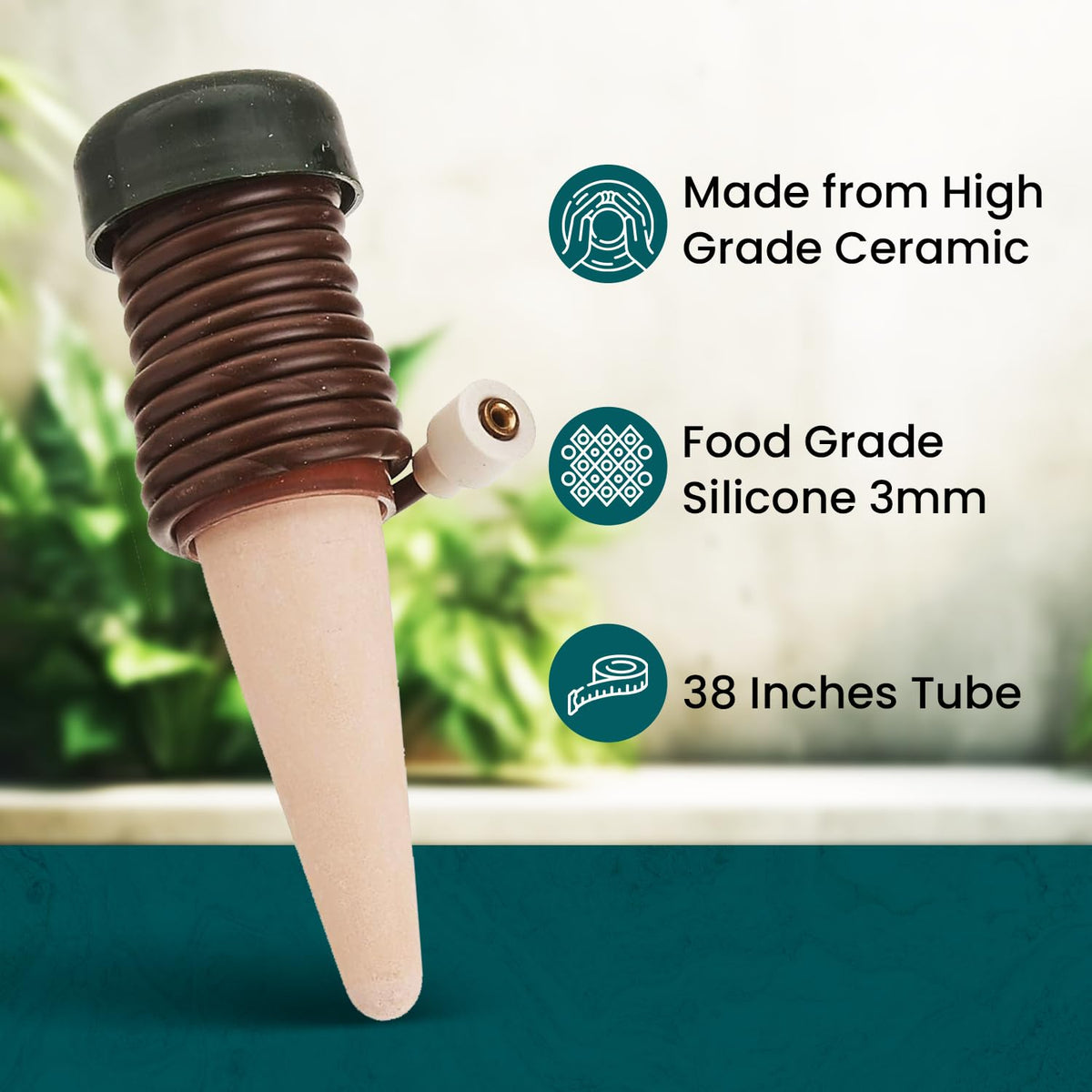 Indoor plant setup with Blumat stakes enabling hands-free hydration.