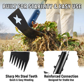 BlumeTrec 2-in-1 weed tool switching from rake to hoe for efficiency