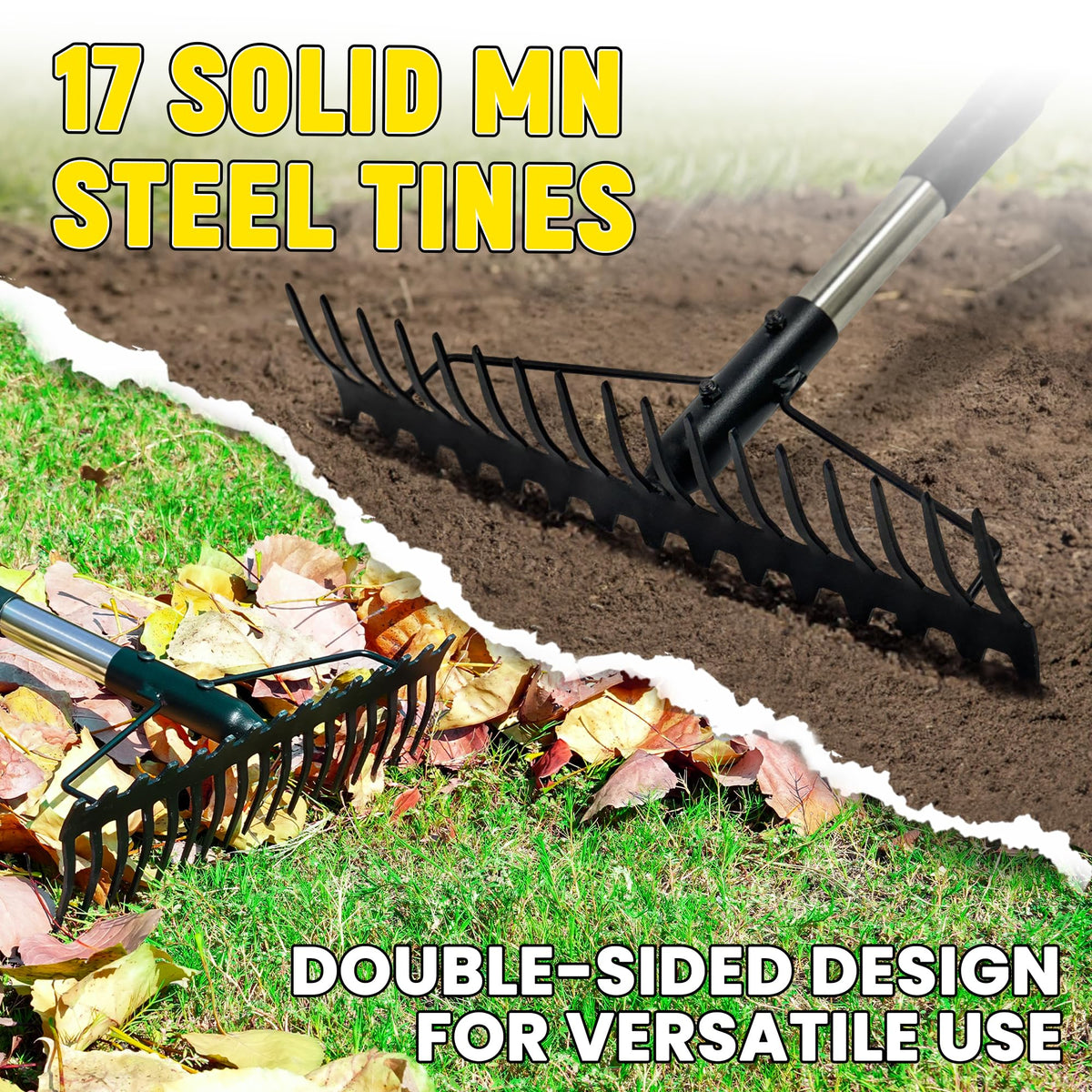 BlumeTrec Bow Rake 17-tine head penetrates soil efficiently while dethatching.