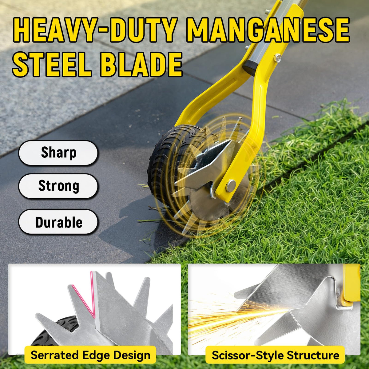 BlumeTrec edger's heavy-duty metal frame resists bending for year-round use.