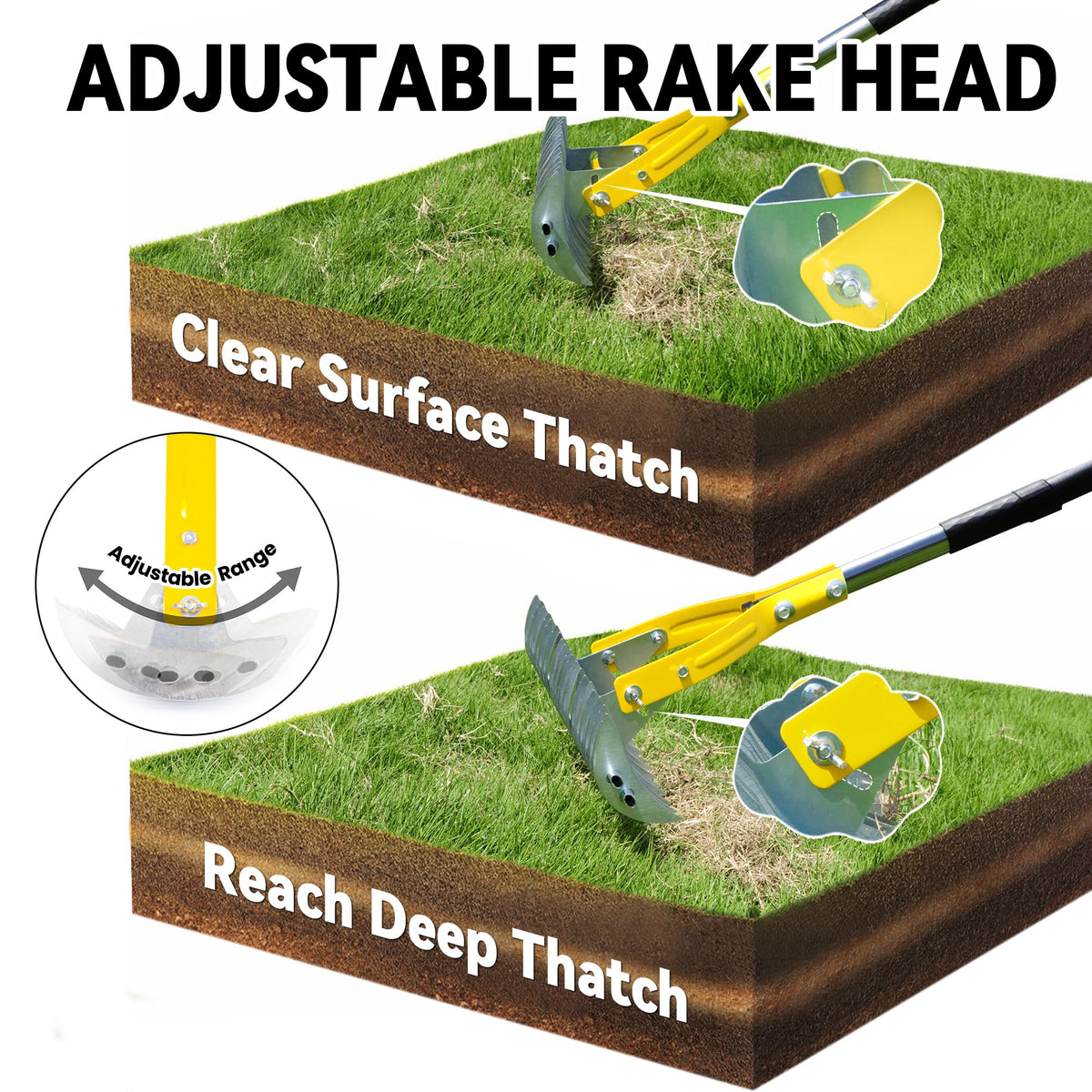 BlumeTrec rake in garden by lawn demonstrates effective thatching near borders.