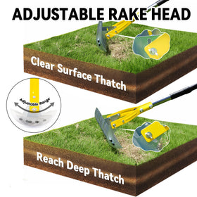 BlumeTrec rake in garden by lawn demonstrates effective thatching near borders.