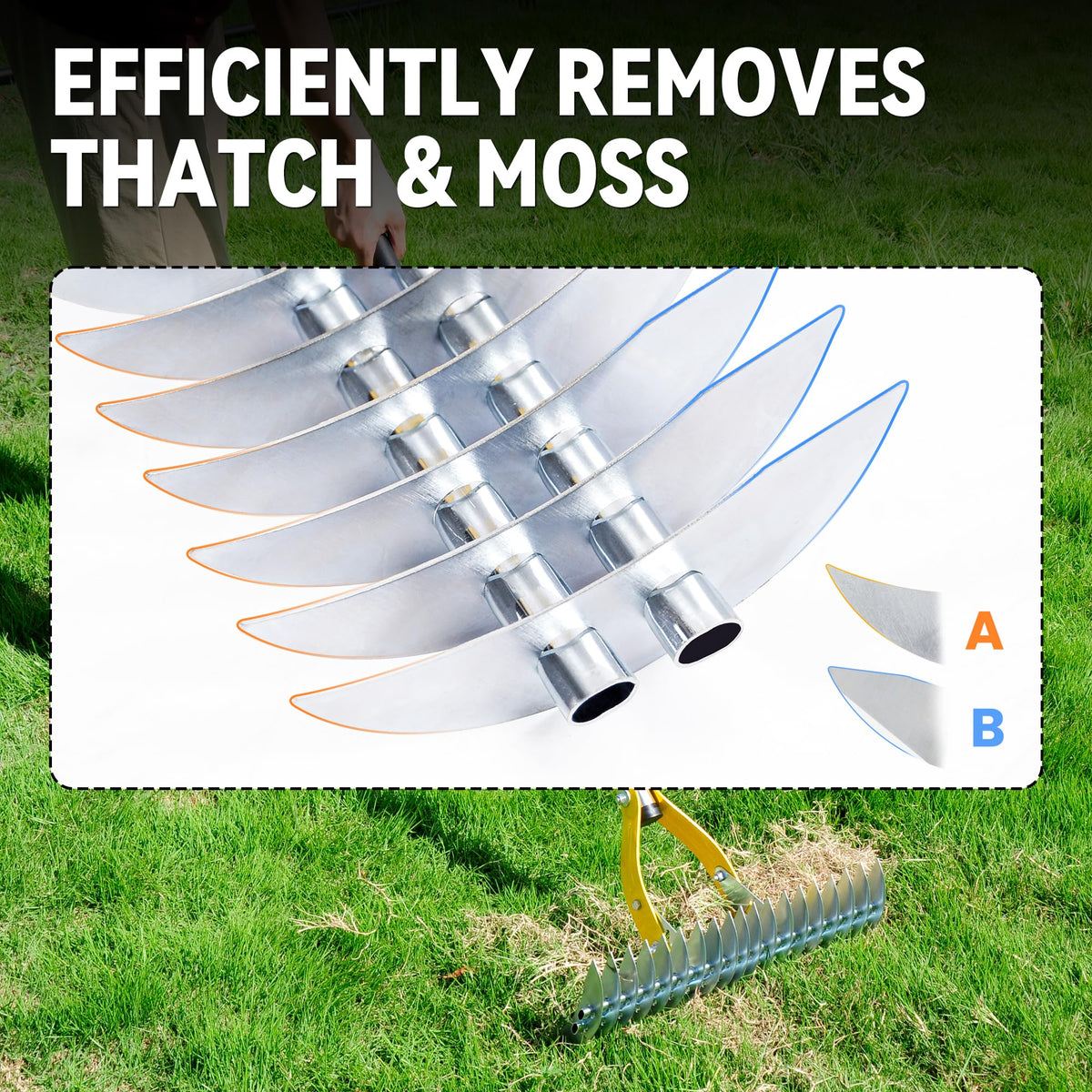 BlumeTrec manganese steel head provides durable dethatching performance.