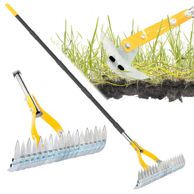 BlumeTrec Thatch Rake with 74-inch handle extends reach for comfortable lawn maintenance.