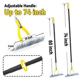 BlumeTrec Thatch Rake head shows 15-inch width for efficient thatch removal.