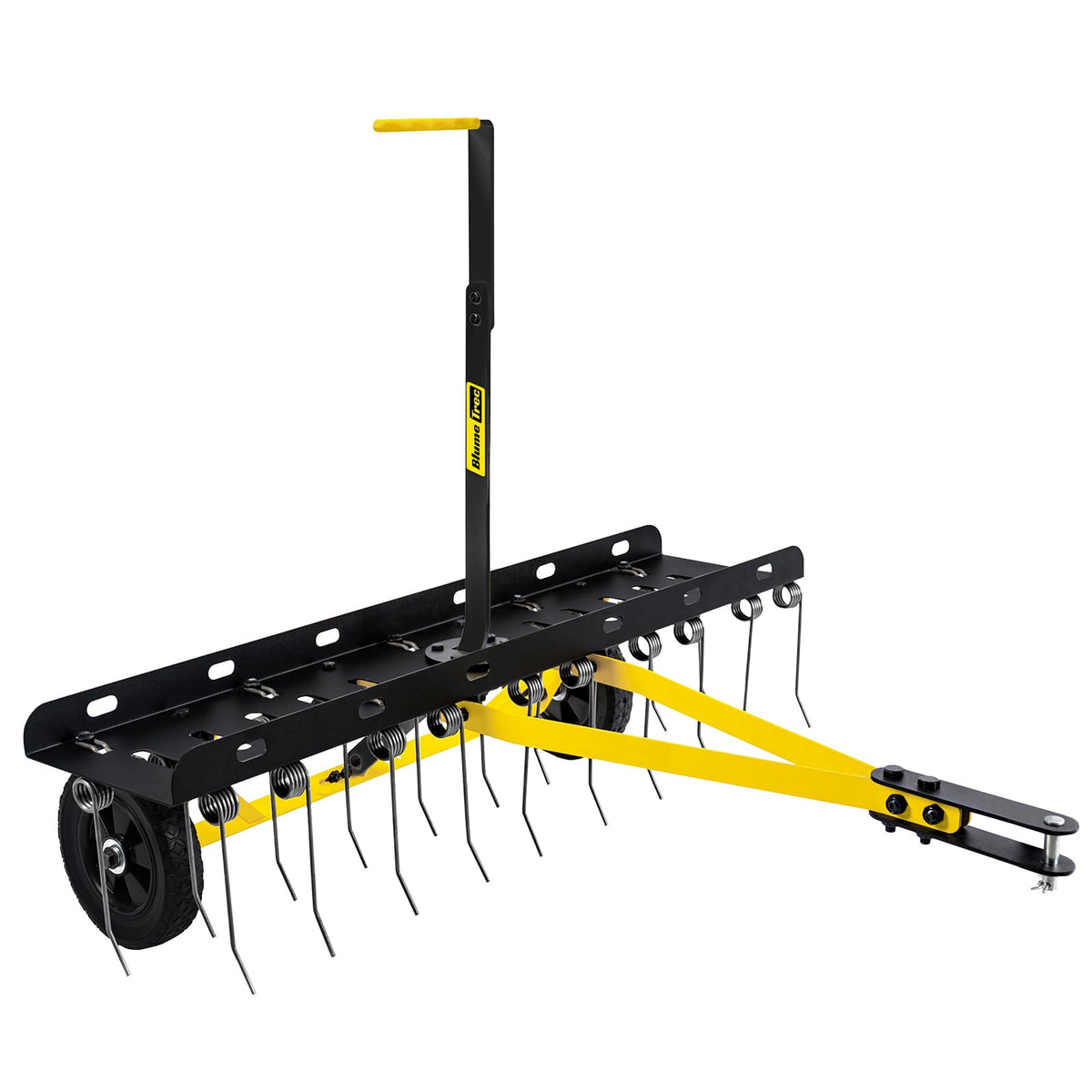 BlumeTrec tow-behind dethatcher assembly shows quick setup and hitch compatibility.