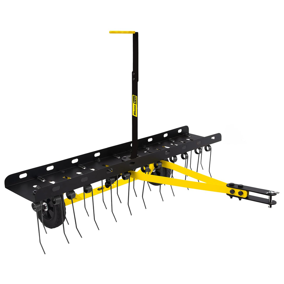 BlumeTrec tow-behind dethatcher assembly demonstrates quick setup for efficient lawn care.