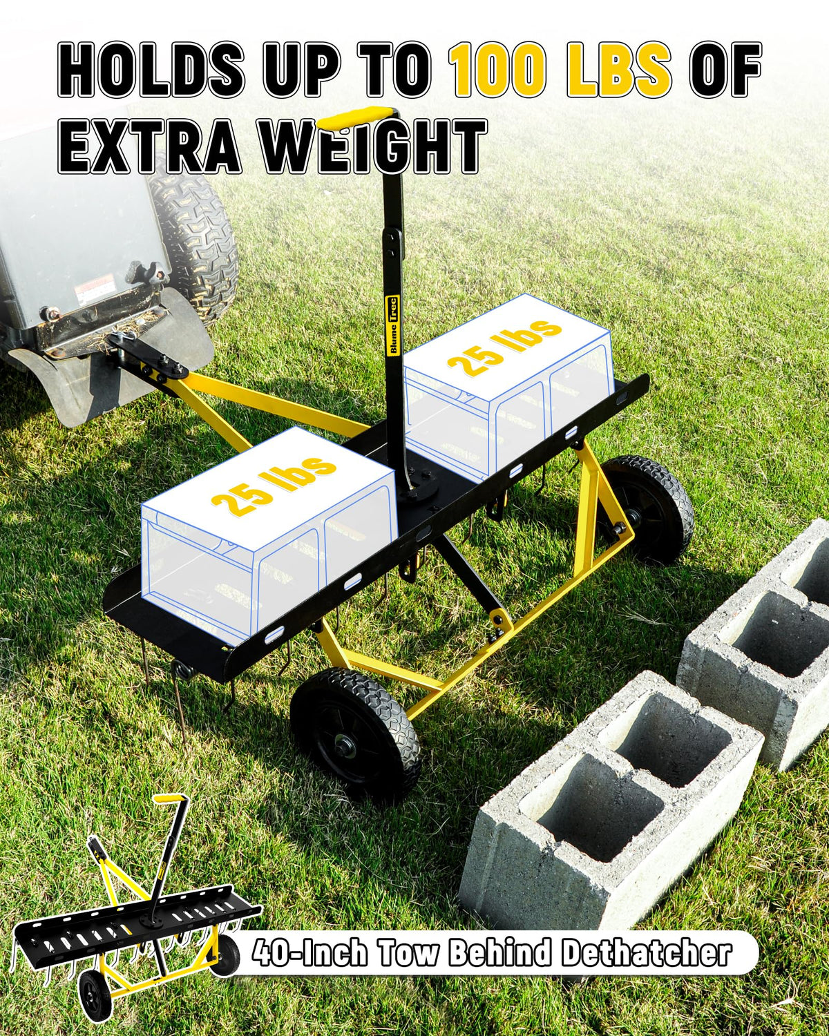 BlumeTrec universal hitch compatibility fits most tractors and riding mowers.
