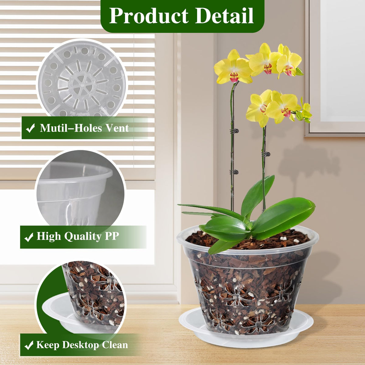 Blumiger 5-inch orchid pot with saucer demonstrates spill-free watering capability.