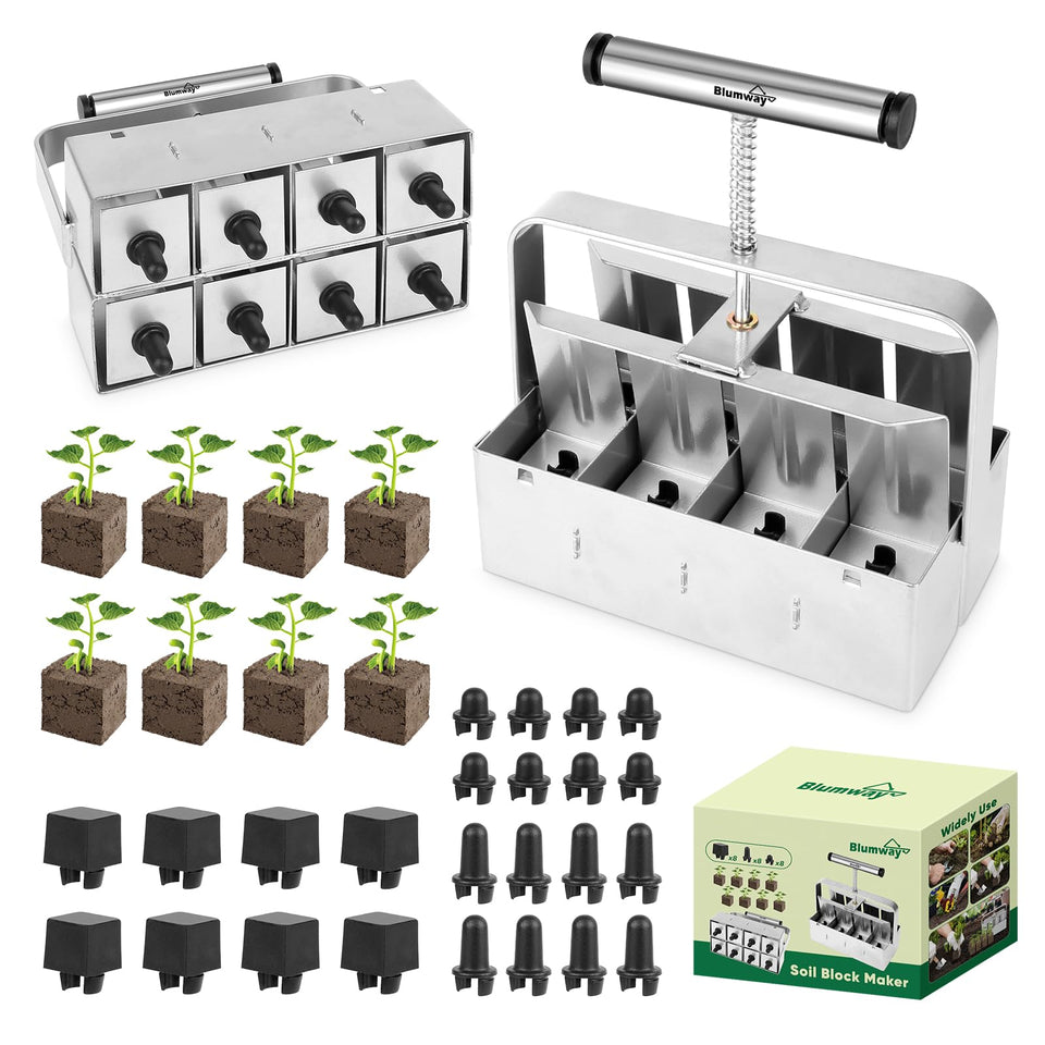 BlumWay upgraded 8-cell 2-inch soil blocker ready for efficient seed starting in trays.