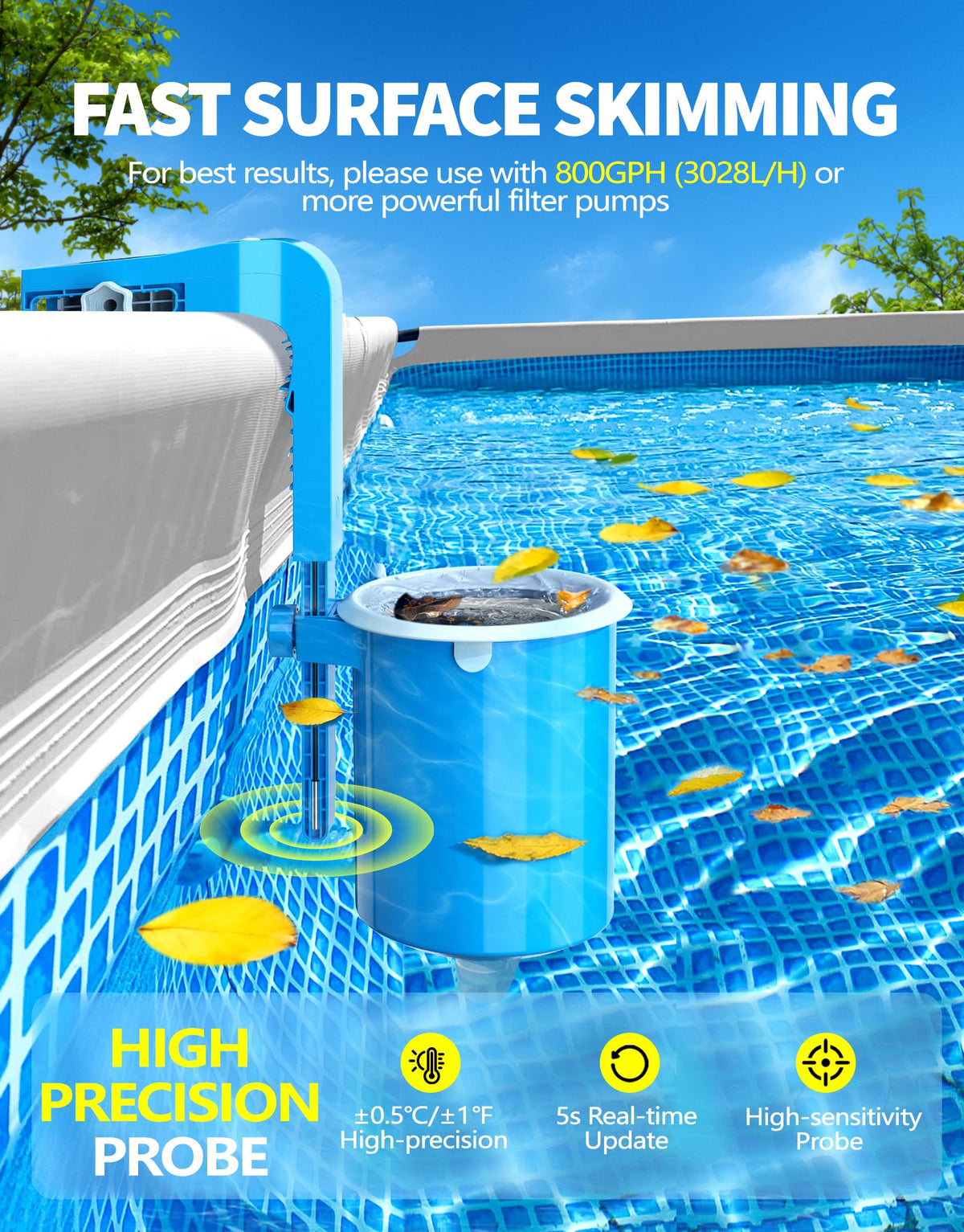 BluSwim automatic skimming setup demonstrates hands-off debris capture when connected to a pump.