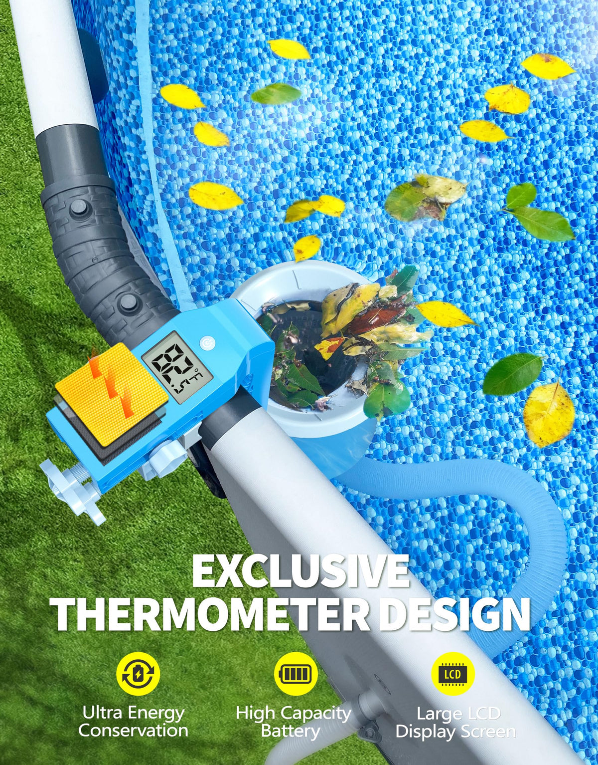 BluSwim skimmer thermometer display highlighting integrated temperature monitoring for comfort.