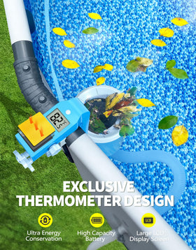 BluSwim skimmer thermometer display highlighting integrated temperature monitoring for comfort.