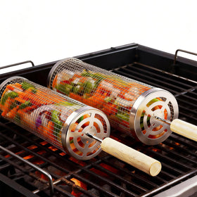 Bmavysa rolling grill basket 2-pack in premium stainless steel for durable outdoor grilling.