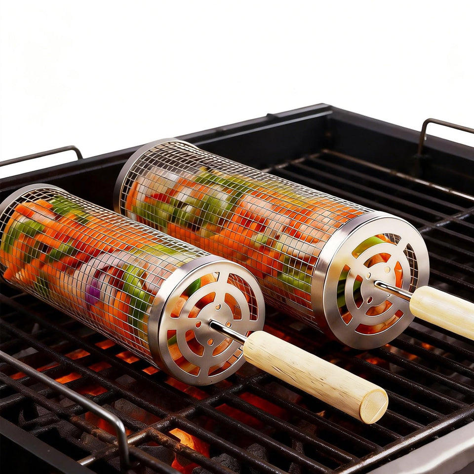 Bmavysa rolling grill basket 2-pack in premium stainless steel for durable outdoor grilling.