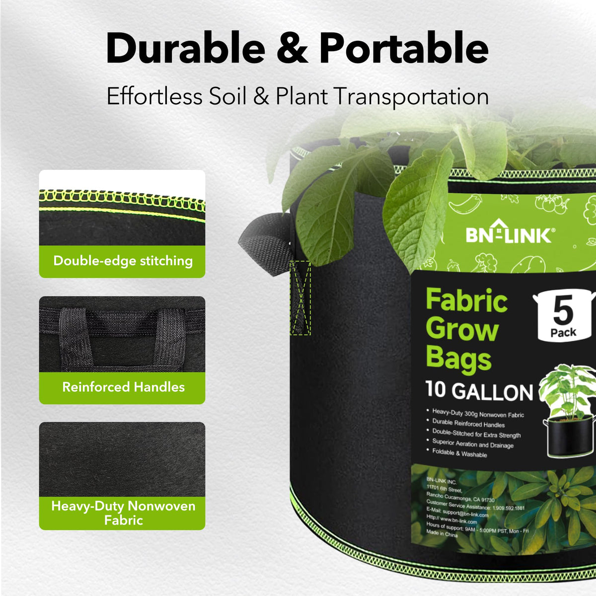 BN-LINK 10-gallon grow bags on a balcony for vegetables and herbs.