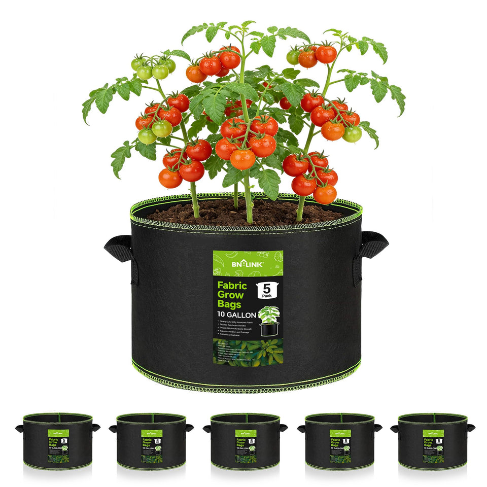 BN-LINK 5-pack grow bags close-up shows durable 300g nonwoven fabric for eco-friendly gardening.