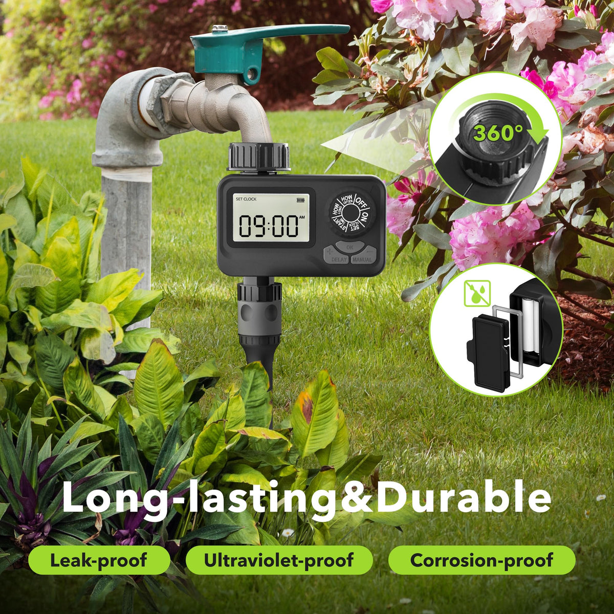 BN-LINK digital outdoor hose timer supports flexible irrigation for gardens and lawns.