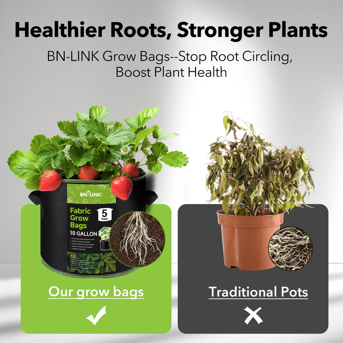 BN-LINK reusable grow bags stacked to save storage space.