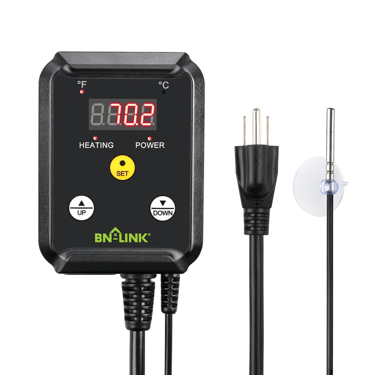 BN-LINK reptile thermostat front view with intuitive controls for precise heat management.