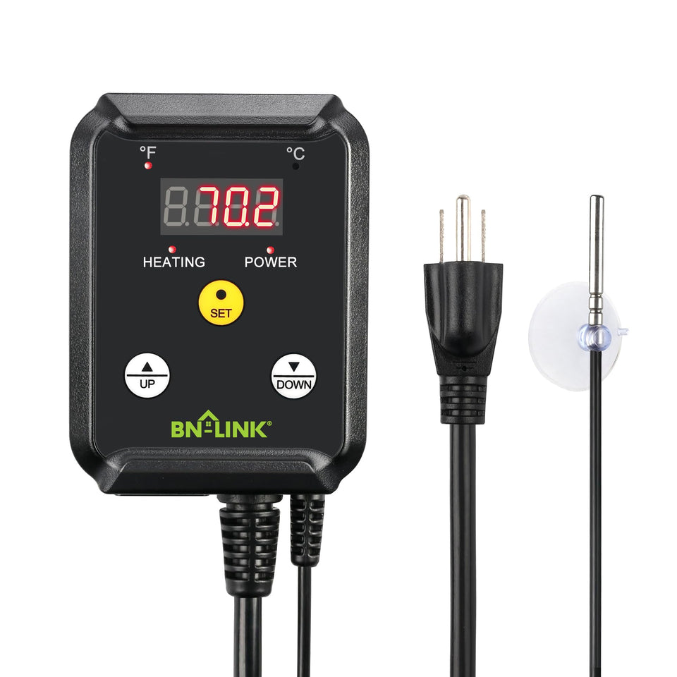BN-LINK reptile thermostat front view with intuitive controls for precise heat management.
