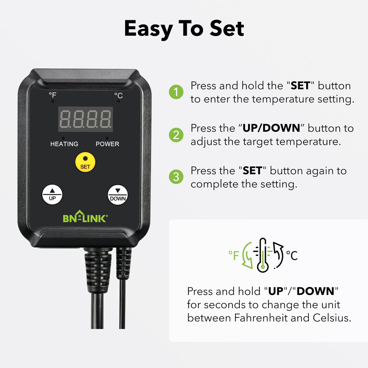 BN-LINK thermostat handles up to 1000W for reliable heat in grow and incubator setups.