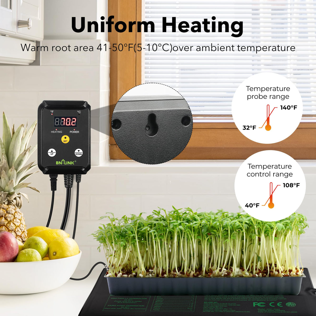 Uniform heat in the 70–85°F range supports seedlings and cuttings.