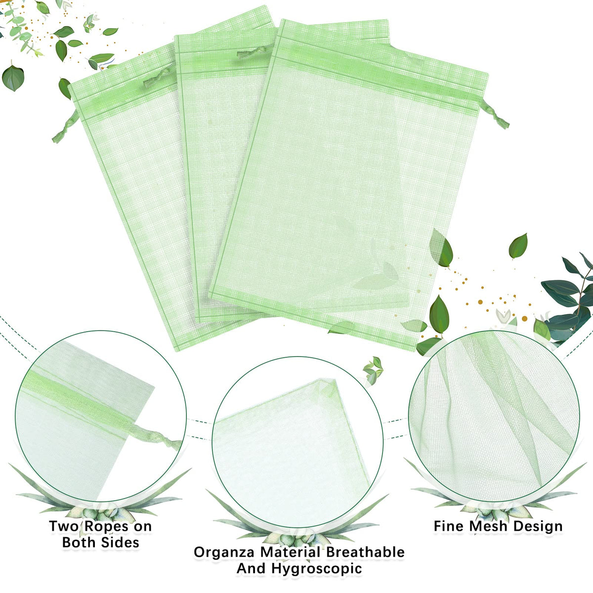 Boao drawstring fruit netting bag secures on plants while allowing airflow.