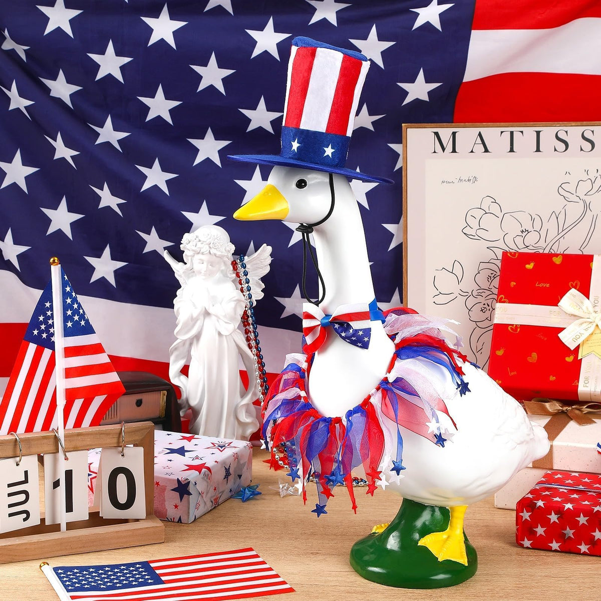 BOARDFEB bow tie with Stars and Stripes elevates backyard display.