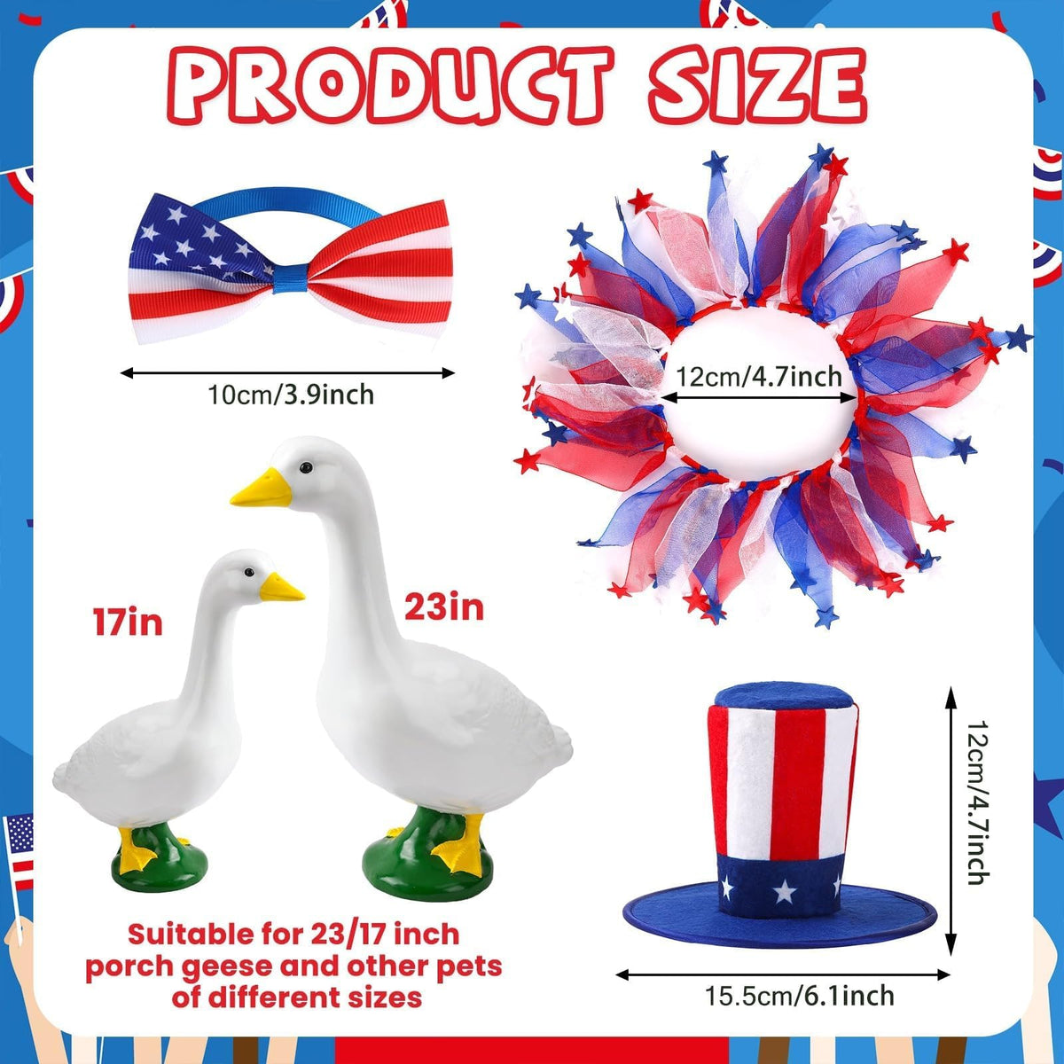 BOARDFEB goose scarf highlights Independence Day colors for porch decor.