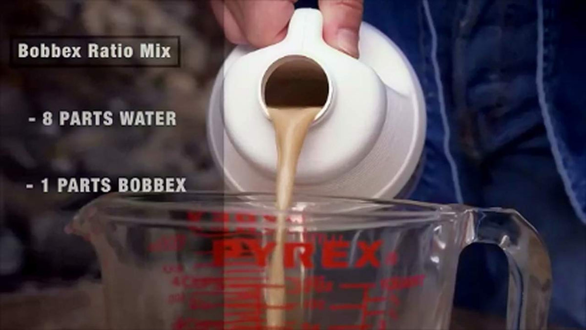Bobbex dilution guide for a 64-ounce container demonstrates safe, eco-friendly deer deterrence.