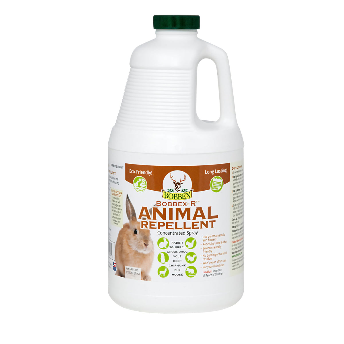 Bobbex-R animal repellent bottle deters rabbits and squirrels in gardens.