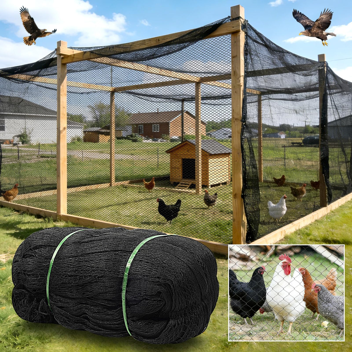BobbleT 50x50ft heavy-duty HDPE poultry netting covers a wide coop area.