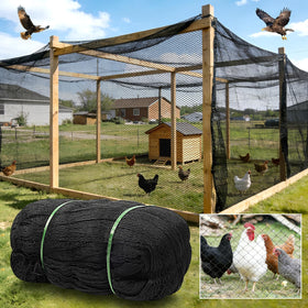 BobbleT 50x50ft heavy-duty HDPE poultry netting covers a wide coop area.